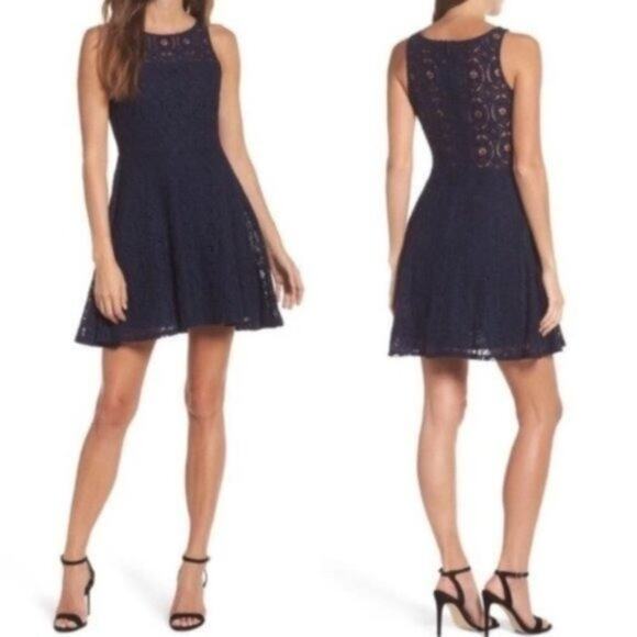 BB Dakota Renley Lace Fit & Flare Dress Navy Sz 8 - Picture 1 of 11